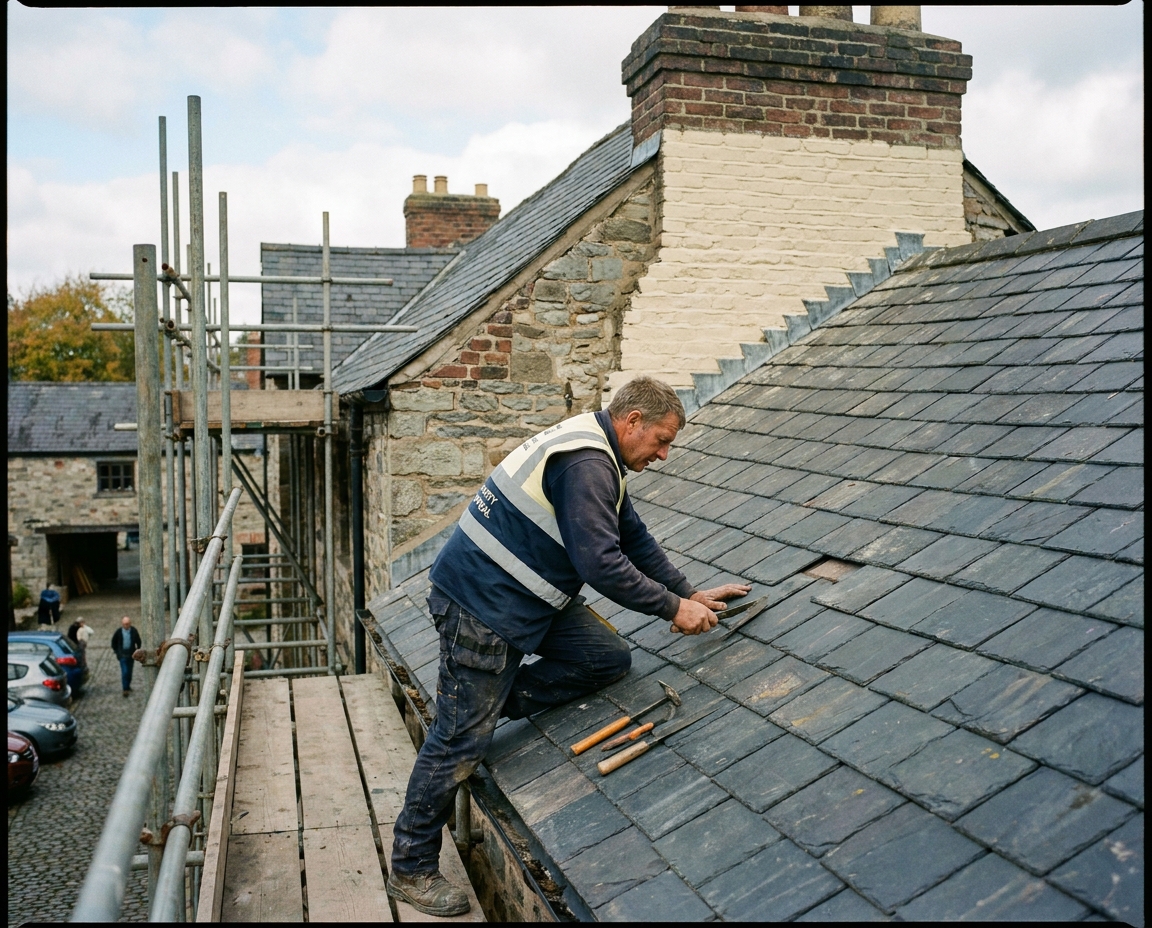 A Shropshire roofer at work on the slate roof of Eure's Row in early-morning light.