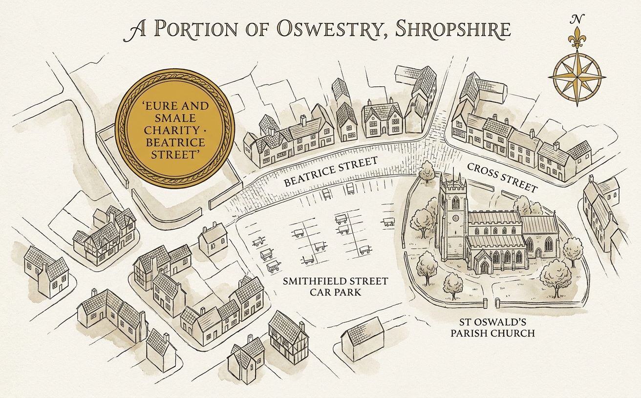 A hand-illustrated map of Oswestry showing Beatrice Street, St Oswald's Church and the Smithfield car park, with the almshouse courtyard marked in gold.