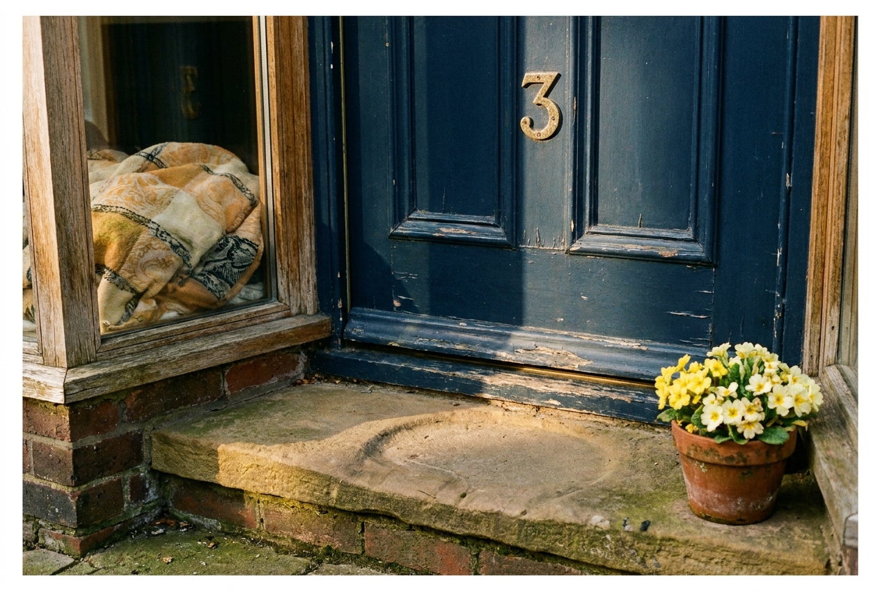 The blue front door of an almshouse with brass numerals, photographed in soft morning light.