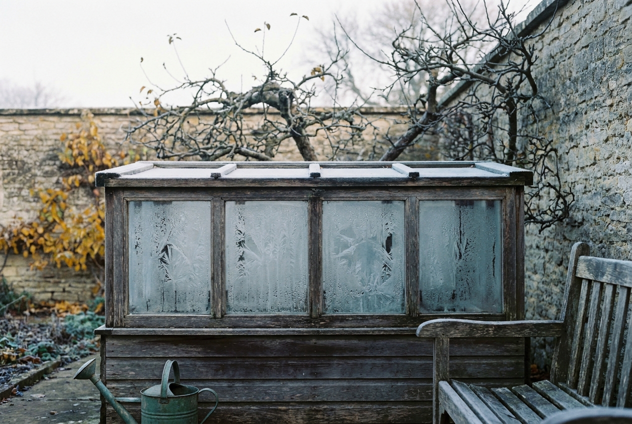 A weathered cold frame in the walled garden with the morning frost still inside.