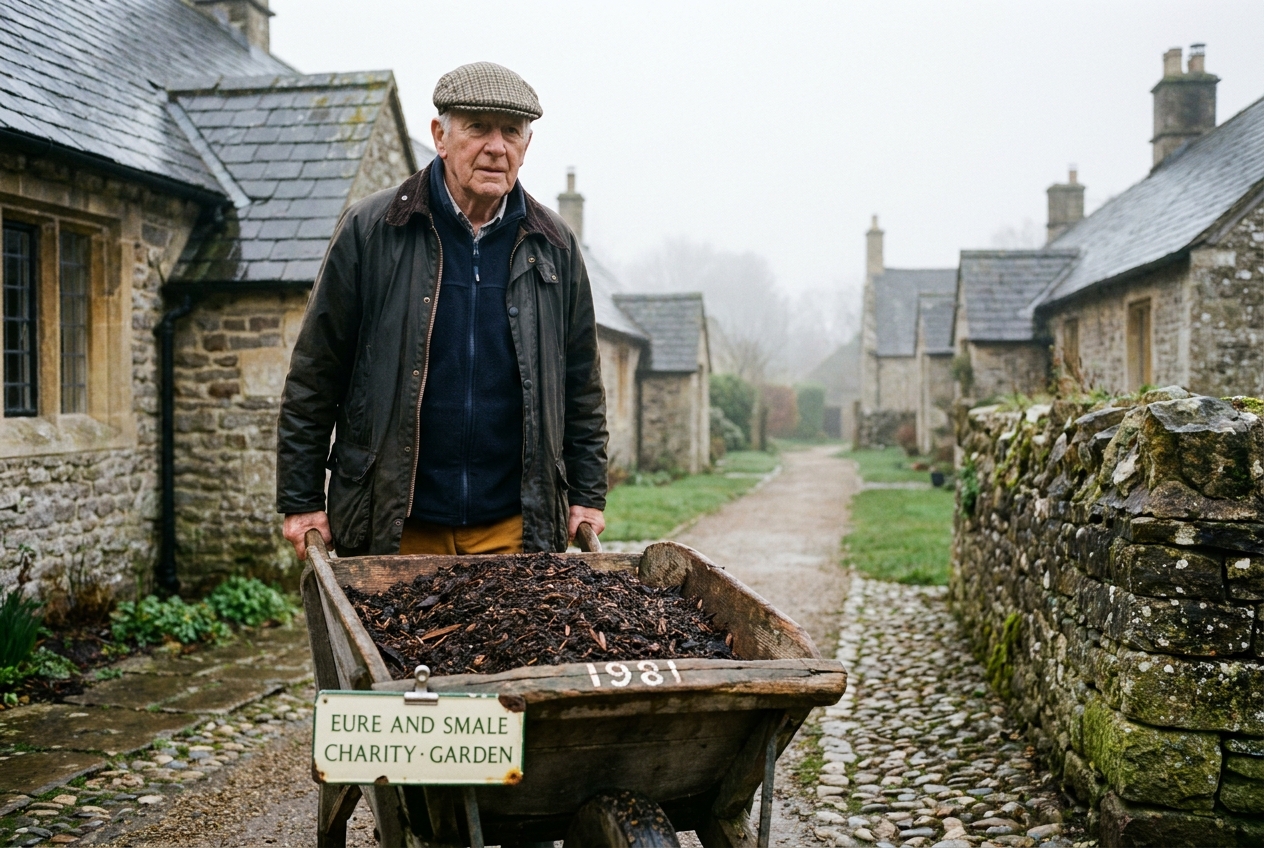 A volunteer wheels a small barrow of mulch along a flint path between the almshouses.