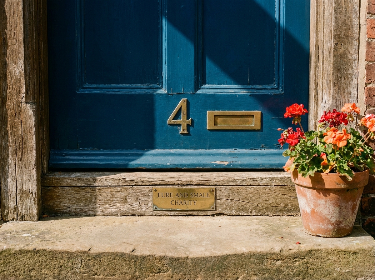 A blue almshouse front door with a brass No. 4 plate.