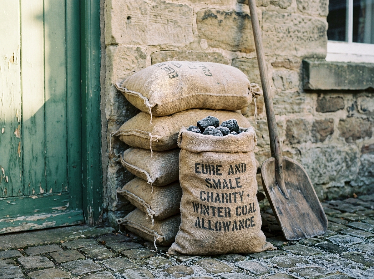 Sacks of coal at the back gate of an almshouse.
