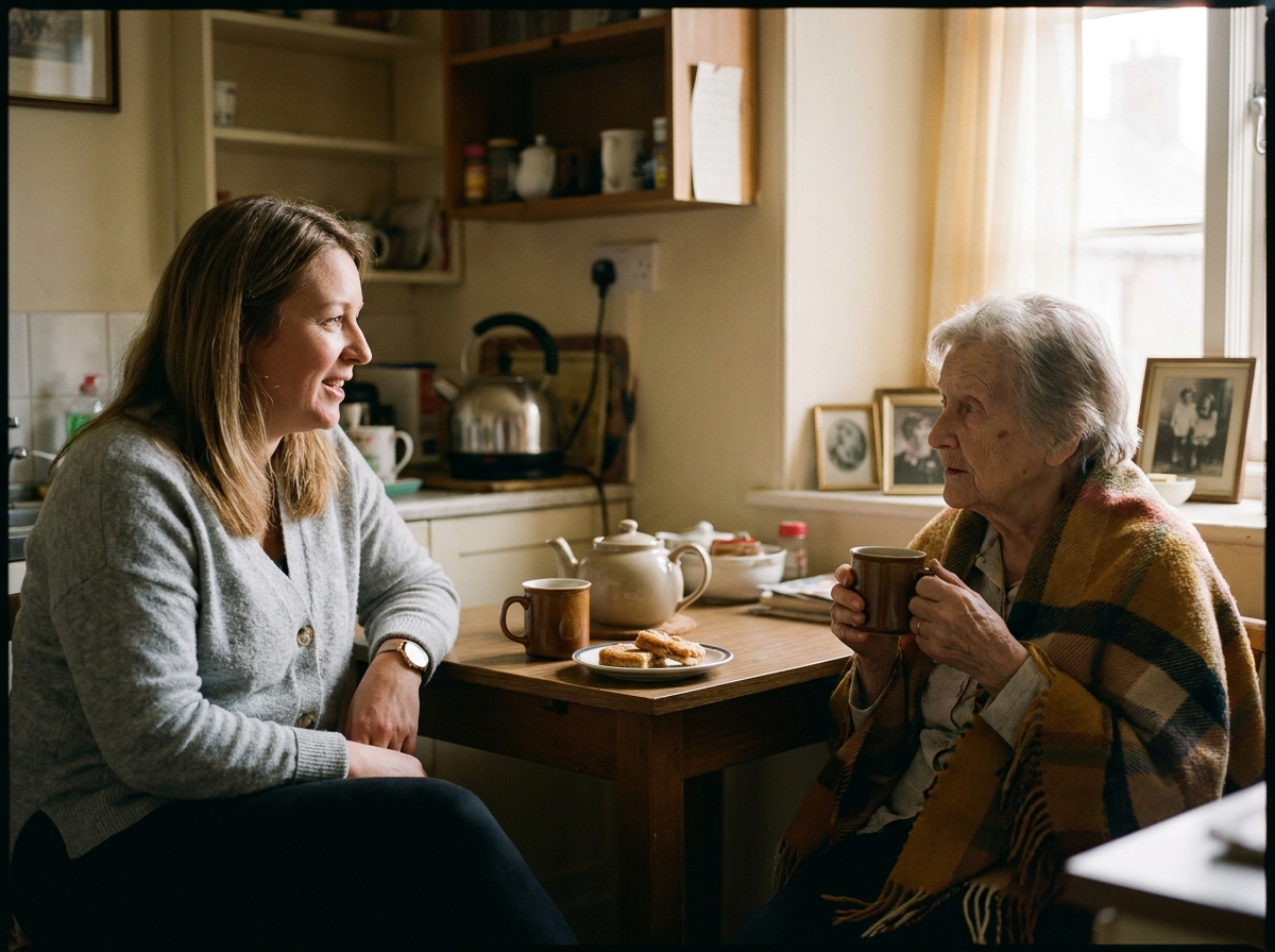Two women at tea in an almshouse kitchen.