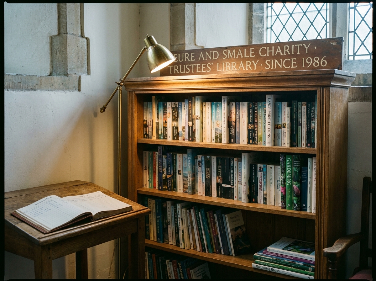 A bookcase of paperbacks in the parish-hall side room.