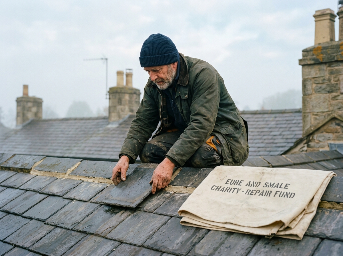 A roofer at work on Eure's Row.