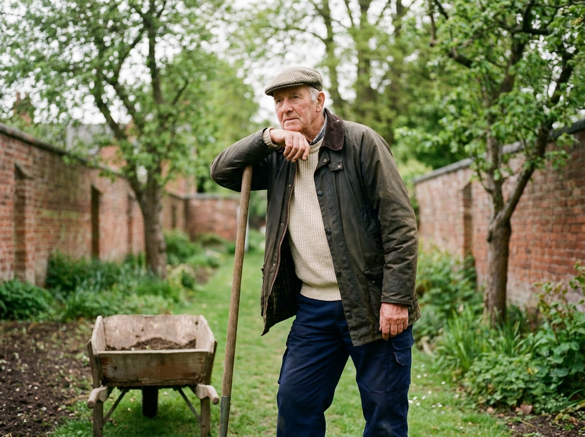 Bert, 79, leans on a garden fork in the walled garden behind Eure's Row.