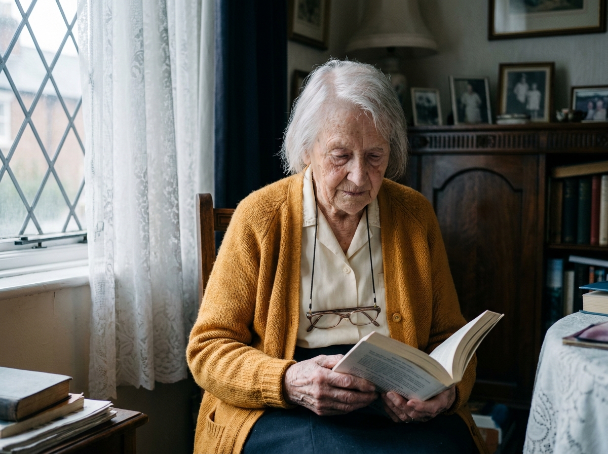 Elspeth, 88, holds an open book at her almshouse window with thin lace curtains.