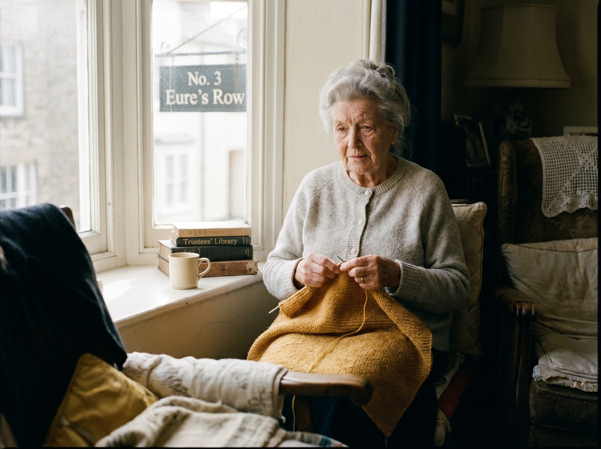 Mavis, 84, sits in a sunny bay window of her almshouse in Oswestry.