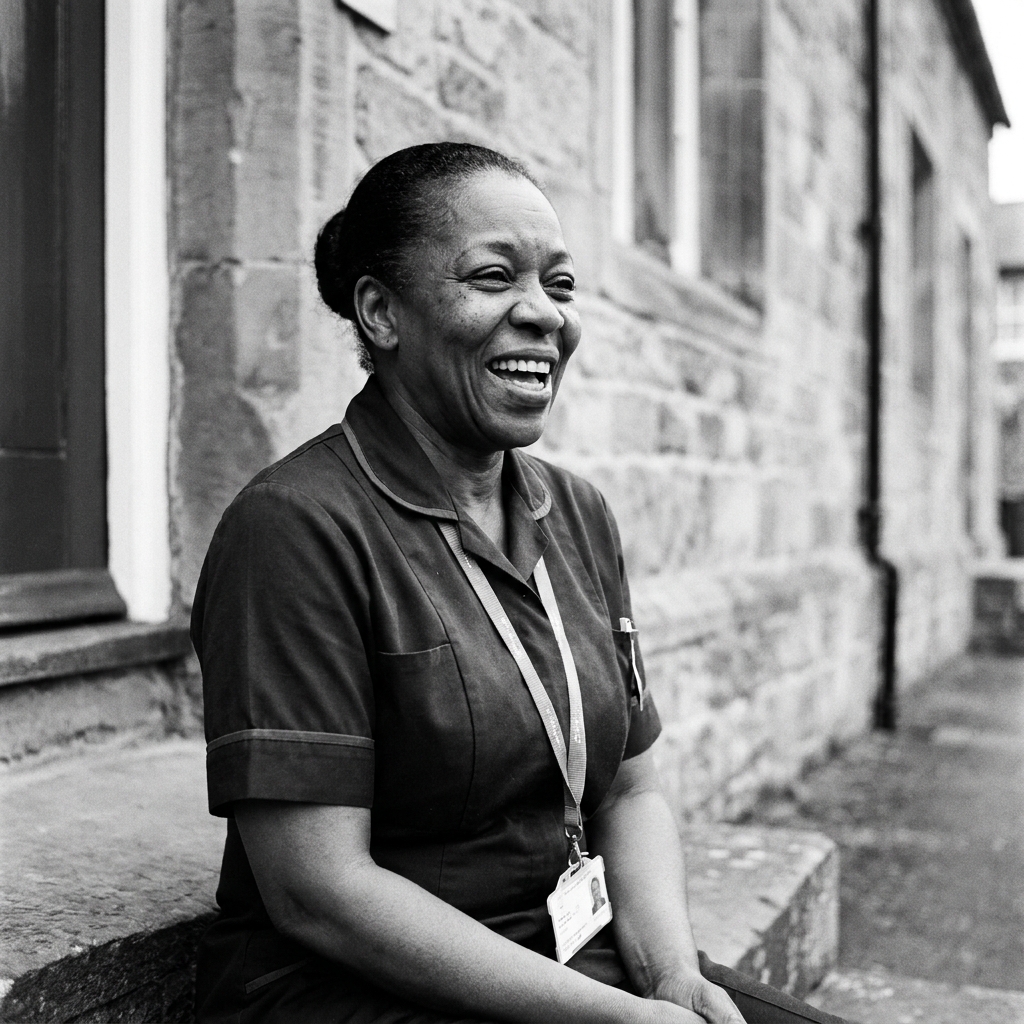 Cynthia, 58, in her community-nurse uniform on the doorstep of an almshouse.