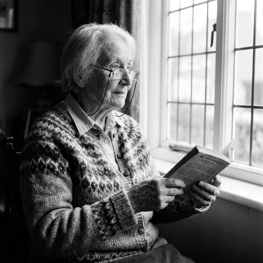 Elspeth, 88, at her front room window with a book.