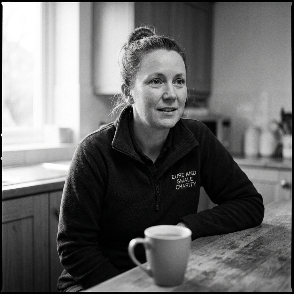 Philippa, 41, in her own kitchen with a mug of tea.