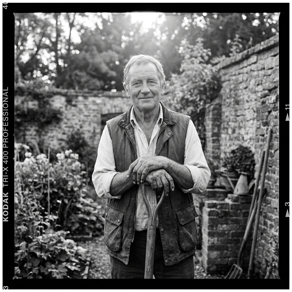 Thomas, 67, in the walled garden with a fork.