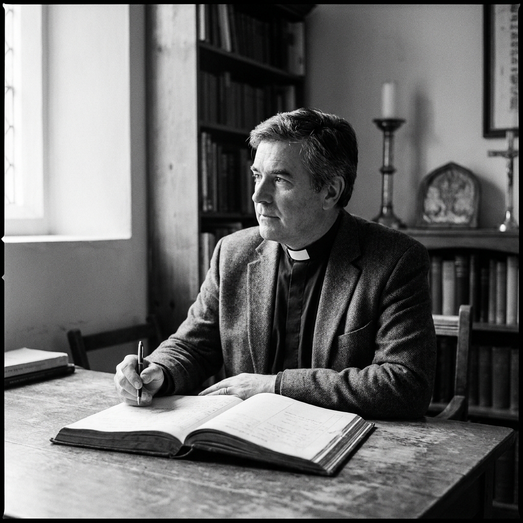 Reverend Harvey Gibbons in clerical dress, sitting at a table with the parish register open in front of him.