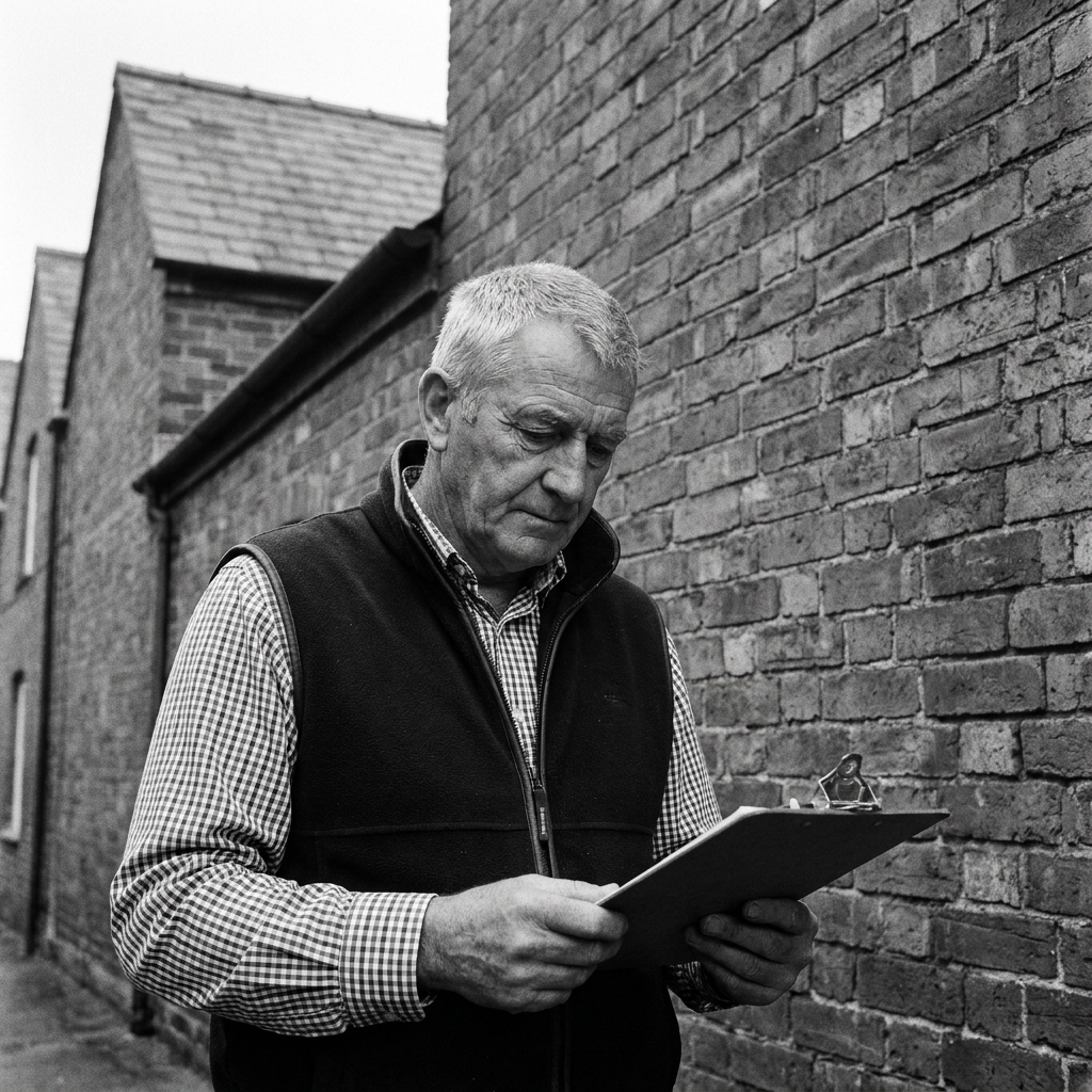 Paul Francis Shevlin, a retired Shropshire surveyor, standing in front of a brick almshouse wall.
